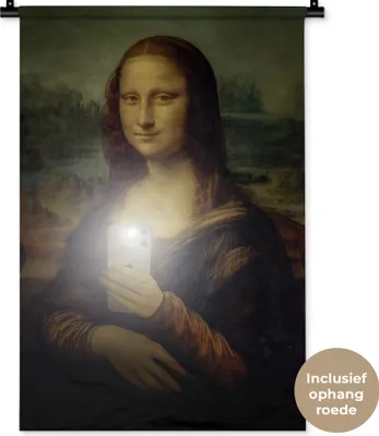 Produktbild von MuchoWow® Wandteppich Wandbehang Mona Lisa - Telefon - Da Vinci 60x90 cm Tapisserie Dekoration Wandtuch - Foto-Teppich - Abwaschbar