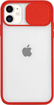 The back of a red and clear iPhone 12 Mini case with a sliding camera cover.