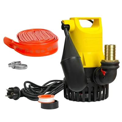 A set of a submersible pump, hose, and accessories, laid out on a white background.