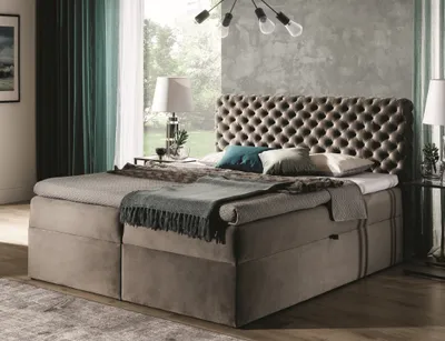 Obrázek produktu pro GRAINGOLD Postel Chesterfield Boxspring 200x200 Cleo - kontinentální postel se dvěma zásuvkami a topperem - elegantní manželská postel - tmavě béžová (Riviera 16)