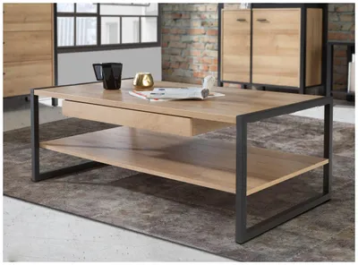 Couchtisch HIGH ROCK 110 x 60 cm in Riviera Eiche Optik mit schwarzem Metallgestell, Gesamtansicht von vorne.