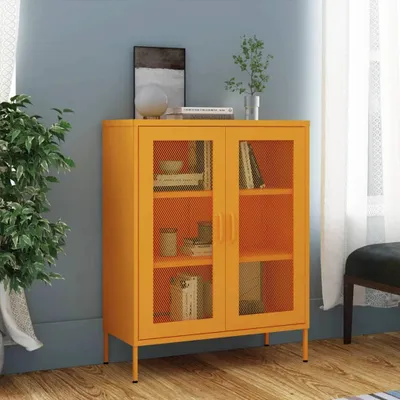 Image de Vitrine "Hatzenbühl" en acier jaune moutarde. Dimensions (L/L/H) 80x35x101 cm