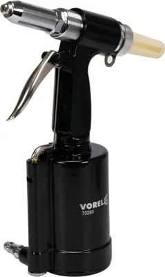 A black pneumatic rivet gun is shown against a white background.
