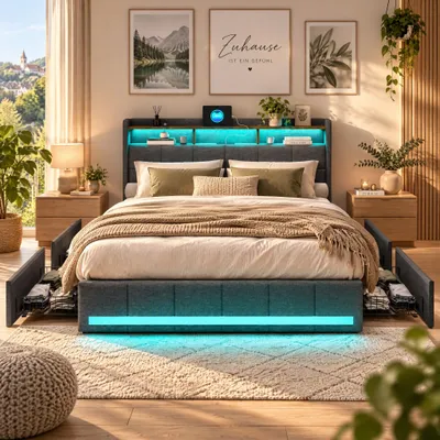 Imagen del producto de Cama tapizada de 160x200 cm con luces LED en la cabecera y puerto USB, cama doble con 4 cajones, estructura de cama con somier, color gris (sin colchón)