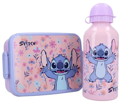 Produktbild von Set Trinkflasche & Brotdose Disney Stitch, Flieder Blumen Pausenset Mädchen