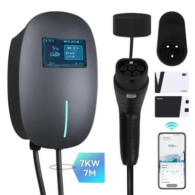 Produktbild von Puluomis Wallbox Ladestation 7kW Ladekabel 7m Typ 2 mit Halter, EV Ladegerät 1-phasig 6-32A einstellbar, IP65 mit Wlan & Bluetooth 24h Timer Grau
