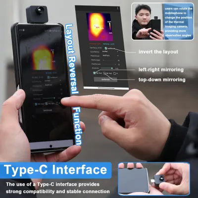 Image de Caméra thermique portable pour téléphone portable -20�� à 1000�� Petite caméra d'imagerie thermique Prise en charge de la mesure de la température centrale maximale minimale 5 modes de palette de couleurs Langues chinoise et anglaise commutables