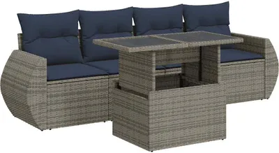 Imagen del producto de vidaXL Juego de 5 piezas de sofá de jardín con cojines, color gris, fabricado en ratán sintético y con patas de acacia
