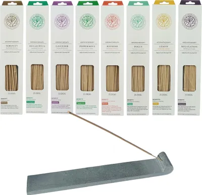 Obrázek produktu pro Sortiment 200 kusů Esenciální vonné tyčinky 8 nádherných vůní - 8 x 25 kusů - včetně držáku na vonné tyčinky z mýdlového kamene