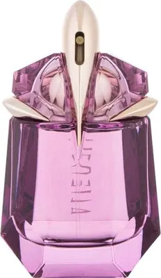 A close-up studio shot of a purple perfume bottle with gold accents.
