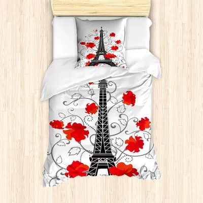 Produktbild von ABAKUHAUS Eiffelturm Mantele, Romantisches Paris Kunst, Milbensicher Allergiker geeignet mit Kissenbezügen, 135 cm x 200 cm - 80 x 80 cm, Vermilion Schwarz und Grau