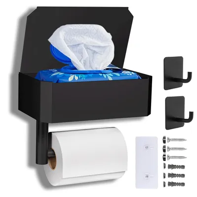 Image de Porte-papier hygiénique avec compartiment pour lingettes humides, sans perçage, noir