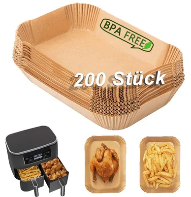 Produktbild von Backpapier für Ninja Airfryer, 200 Stück, 22 cm Backpapier für Dual-Zone-Airfryer, XXL Airfryer-Zubehör kompatibel mit dem AF400EU 7,5-9,5L Ninja, Princess und anderen Dual-Zone-Airfryern.