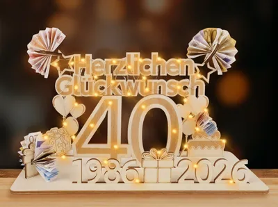 Image de Panneau en bois avec guirlande lumineuse LED - Décoration pour anniversaires et fêtes - Chiffre 40 - Bois naturel