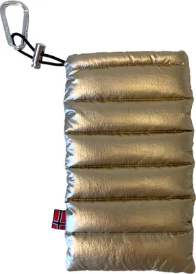 A gold, puffy smartphone pouch with a carabiner clip and a small Norwegian flag tag.