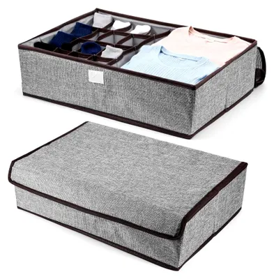 Produktbild von 2er Set faltbare Aufbewahrungsboxen mit Deckel, 17 Fächer, Stoffbox für Kleidung, Unterwäsche, Socken und Krawatten, 44x29x12cm (Grau)