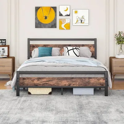 Produktbild von Bettgestell 160x200 Bettrahmen aus Metall Holz,Metallbett mit Lattenrost,Gästebett Jugendbett Doppelbett 160x200 mit Kopfteil,Metall Bed Braun und Schwarz