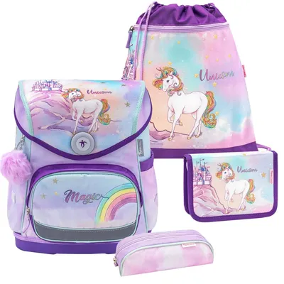 Produktbild von Belmil Schulranzen Set Mädchen mit Brustgurt und Magnetverschluss Compact 4-teilig Rainbow Unicorn Magic