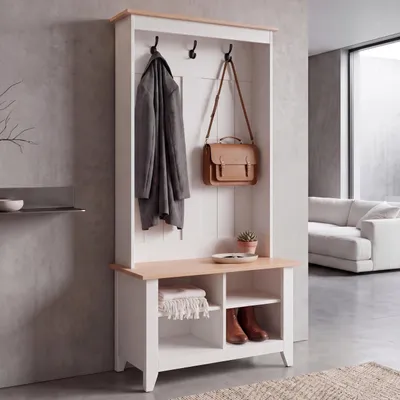 Immagine prodotto di Appendiabiti HWC-P28, appendiabiti da terra con ripiano per scarpe e panca, 3 ganci e 4 scomparti, melaminico, 170x76x39 cm ~ bianco, naturale