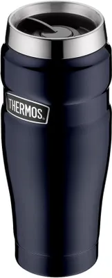 A dark blue Thermos mug with a silver rim and lid.