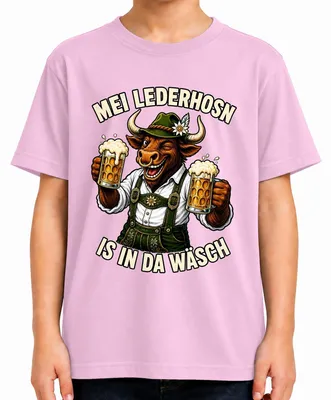 Zdjęcie produktu dla Mei Lederhosn – koszulka dziecięca w stylu bawarskim, z motywem byka, wykonana z materiału przypominającego skórę, model "Lederhose", kolor różowy, rozmiar 104