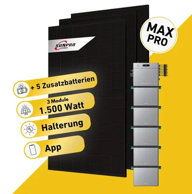 Produktbild von Balkonstrom Balkonkraftwerk 1500W Solaranlage mit Speicher | 5xZusatzspeicher | Blechdachhalterung | 3xSolarmodul | Zendure SolarFlow 2400 Pro