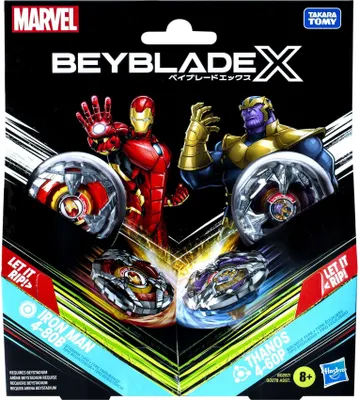 The image shows the packaging for a Beyblade X toy set featuring Marvel characters Iron Man and Thanos.