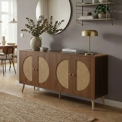 Zdjęcie produktu dla Kredens HWC-P49, komoda z szufladami i drzwiczkami, schowki, front z polirattanu MDF melamina 80x160x40cm ~ brązowy