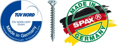 The image shows a screw and two logos, one for TÜV NORD and another for SPAX, both indicating "Made in Germany".