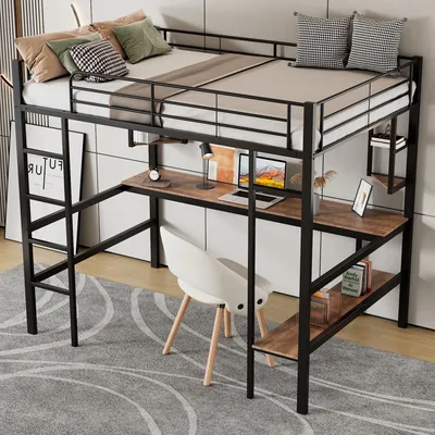 Obrázek produktu pro okwish Patrová postel 90x200 cm s ochranou proti pádu, kovová postel pro děti s psacím stolem a policí, kovová mládežnická postel s žebříkem, černá