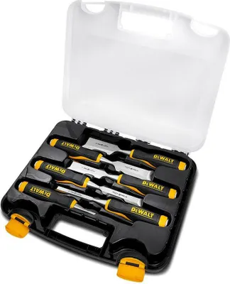 A set of chisels in a black and clear plastic case.