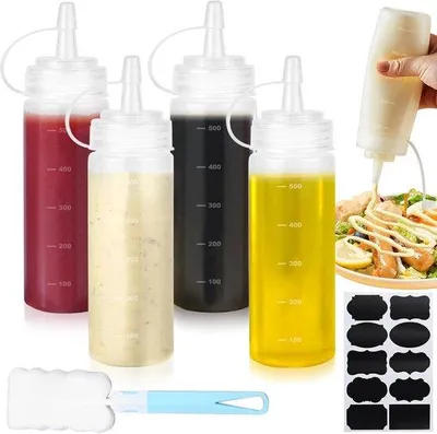 Produktbild von Famanu Knijpfles Set 4 Stück, 500 ml, leckfreie Saucenflaschen mit Deckeln und Reinigungsbürste