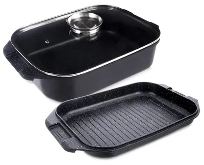 Image de Poêle à braiser en granit avec couvercle - GRANDE 3-en-1 - 7 litres - 41 x 26 x 15 cm - Noir