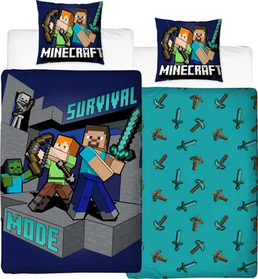 A Minecraft-themed bedding set with two pillowcases and a duvet cover, featuring characters and game elements.