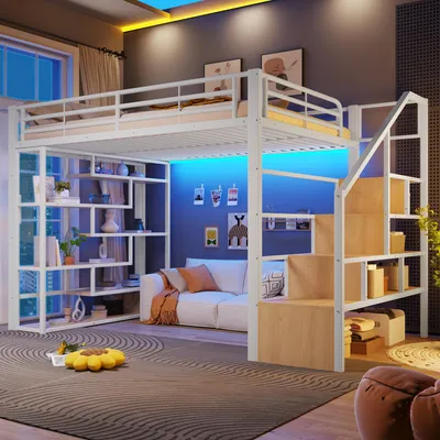 Immagine prodotto di Letto a castello Merax, 140x200 cm, in metallo, per bambini e adolescenti, con illuminazione a LED, scaffale, scaletta, sponde di sicurezza, spazio contenitivo aperto, colore bianco