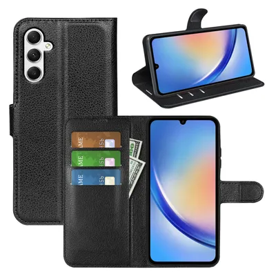 A collage of images showing a black leather wallet-style phone case for a Samsung Galaxy A35 5G, with the phone inserted and cards/cash in the wallet slots.