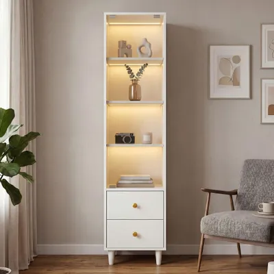 Produktbild von AIORBER Vitrinen-Hochschrank mit LED-Beleuchtung Vitrine mit Glastür & 2 Schubladen Retro-Stil für Wohnzimmer Weiß