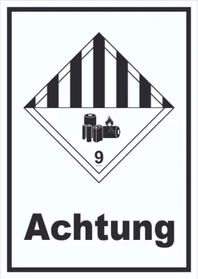 Produktbild von Schild Achtung Lithiumbatterien Achtung Gefahrgutklasse 9a hochkant A1 Rückseite selbstklebend