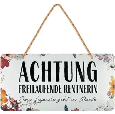 Produktbild von LANOLU Achtung freilaufende Rentnerin Retro Blechschild mit Jutelkordel lustiges Ruhestand Geschenk, 16x32 cm