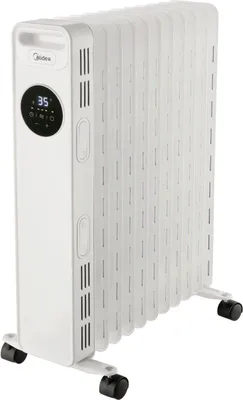 A white MIDEA oil-filled radiator with a digital display and wheels, shown against a white background.