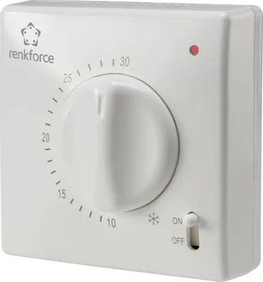 A white thermostat with a dial and a switch.