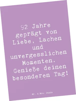 Produktbild von Mr. & Mrs. Panda Postkarte Spruch 92. Geburtstag - Lavendeltraum - Geschenk, Alter, Ansichtskarten, bildkarte, feiern, Jubiläum, einzigartiges, Happy Birthday, Postkarten