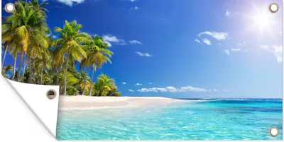 Produktbild von MuchoWow® 60x30 cm Outdoor-Poster Gartendeko Sichtschutz Garten Poster für den Garten  Strand - Meer - Palme - Sonne - Sommer