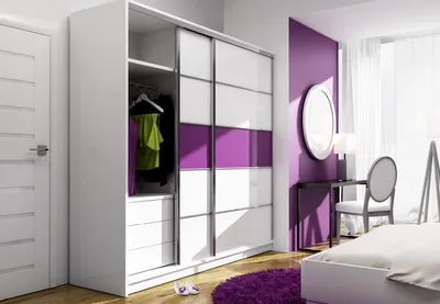 Produktbild von Schiebeschrank Dubaj 226 cm mit Violett Glass, Kleiderschrank Schlafzimmer, Wohnzimmer - 226 x 220 x 64 Farbe: Weiß, Schwebetürenschrank mit 2 Kleiderstange, Ablagen und 3 Schubladen; Mehrzweckschrank