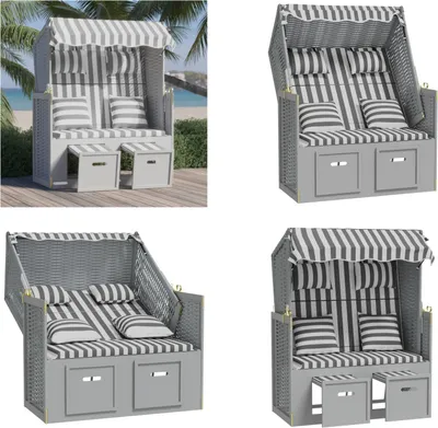 Produktbild von vidaXL Strandkorb mit Kissen Poly Rattan und Massivholz Grau & Weiß - Strandkorb - Strandkörbe - Sonnenliege - Strandliege