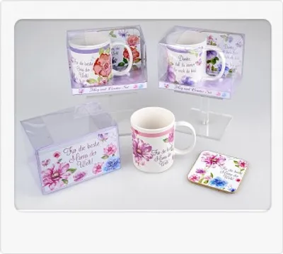 Produktbild von Geschenk-Set sortiert 1 Tasse und 1 Untersetzer mit Spruch