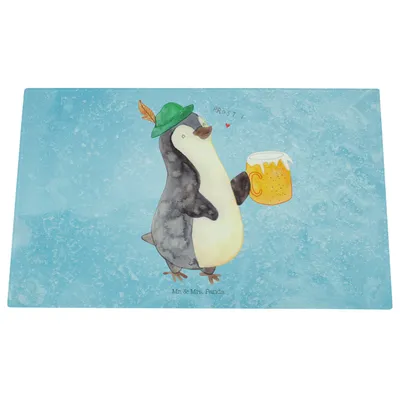 Produktbild von Mr. & Mrs. Panda Schneidebrett Glas Pinguin Bier - Eisblau - Geschenk, Küchenbrett, Beschwippst, Aus, , Hackbrett, Feierabend, schneidbrett