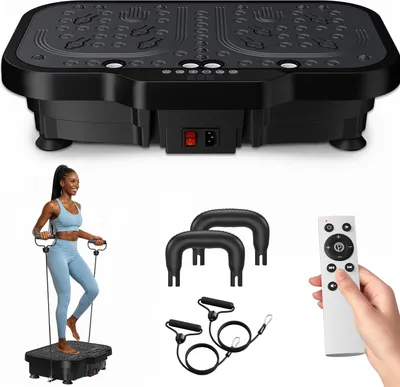 Immagine prodotto di Piattaforma vibrante - Attrezzo fitness per la casa - 99 livelli di vibrazione - 4 elastici di resistenza - Allenamento della forza e massaggio muscolare - Nero