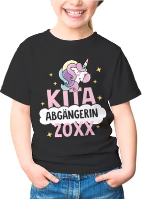 Produktbild von Kinder T-Shirt Mädchen Kita Abgängerin personalisiert mit Jahreszahl Einhorn Geschenk zur Einschulung Schulanfang Moonworks® schwarz 86-92 (1-2 Jahre)