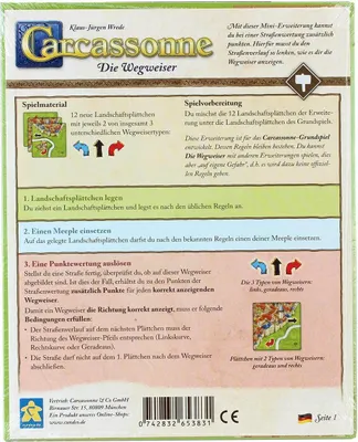 The back of a board game box for Carcassonne - Die Wegweiser.